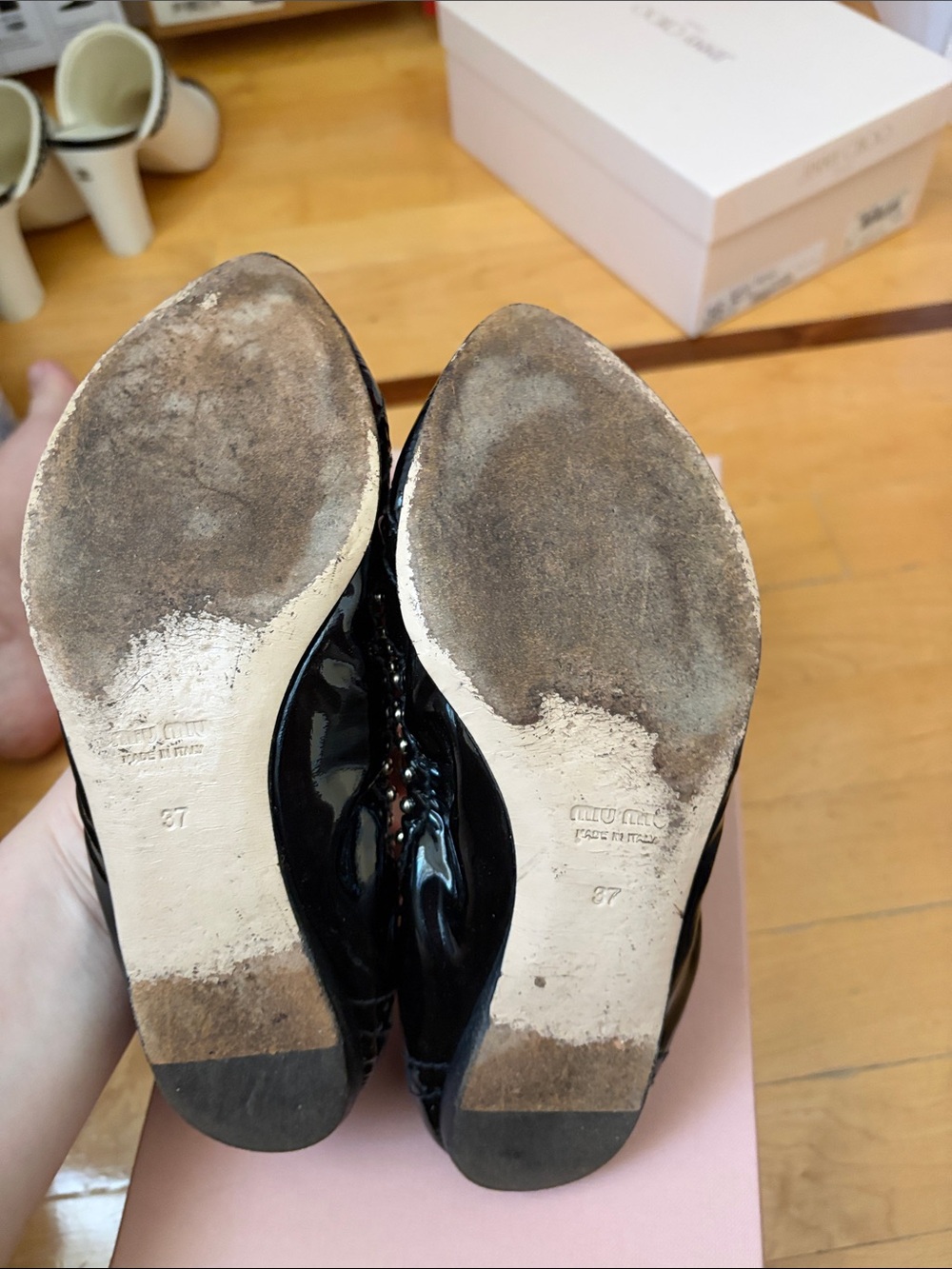 Miu Miu Black Patent Studded Bow Pointed Ballet Flats SIZE 37 - Picture 7 of 7